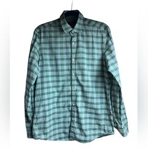 Hugo Boss Plaid Button Down Dress Shirt Medium Blue Green Checkered
